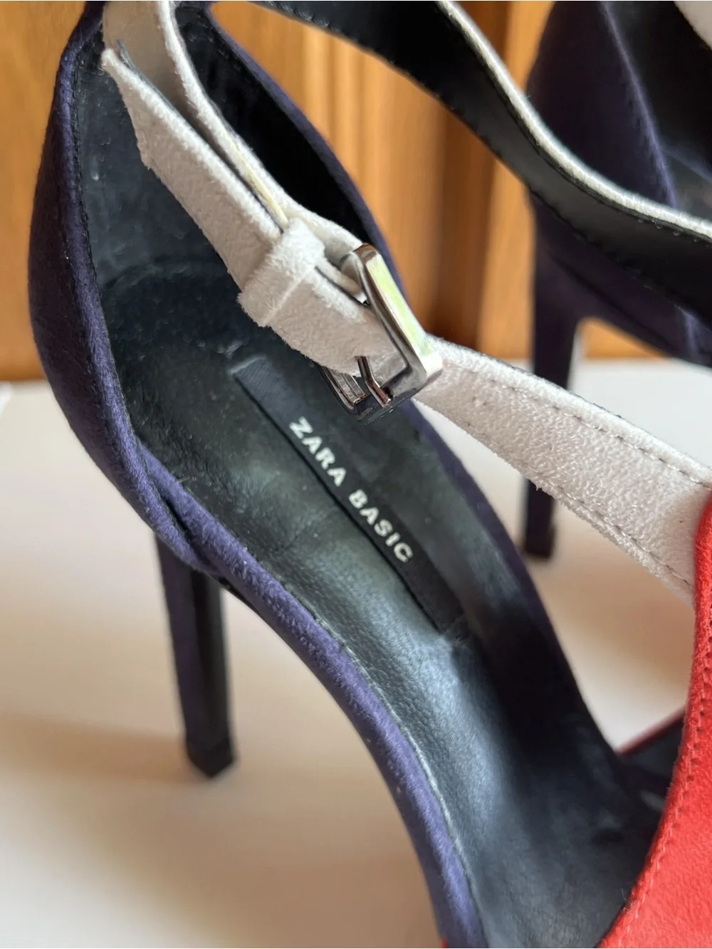 NWOT Zara Vegan Suede Heels EU 37 Colorblock Coral Navy Street Style - Picture 2 of 5